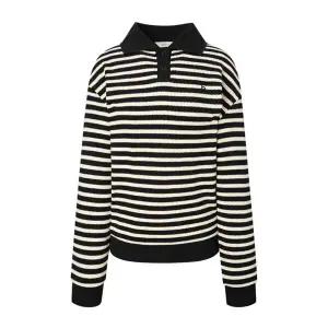 헤지스. 여성 블랙 스트라이프 면 긴소매 카라티셔츠 WSTS4C810BK