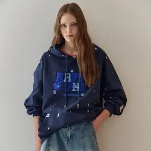 [MAXZA] 체크 믹스 부클 레터링 루즈핏 후드 티셔츠