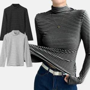 스트라이프 하프넥 긴팔티 겨울 기모 스판 반목티