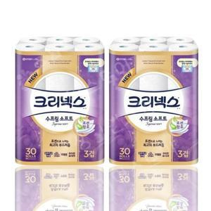 크리넥스 수프림소프트 화장지 3겹 30m 30롤 2팩