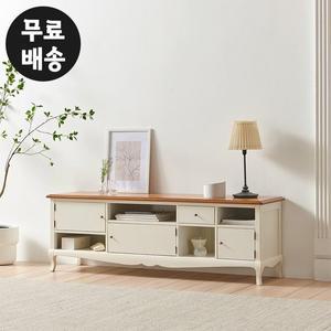 [벤티스가구]로넬 엔틱 거실장 원목 2단 tv 테이블 티비장 거실 수납장 선반 가구(1500/아이보리)