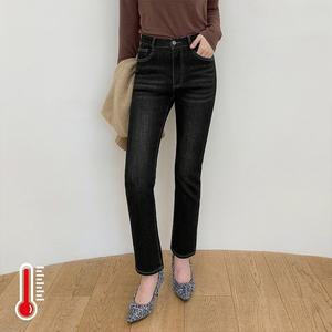 [진마니아] 밍크 본딩 융기모 허리스판 워시드 블랙 일자 데님 팬츠