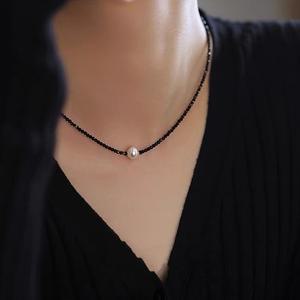 [자체제작] 이스테리 블랙스피넬 원석 진주 큐빅 실버925 목걸이