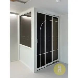 [바른도어]74번 ㄱ자중문 파티션 초슬림3연동 곡선형 화이트 샤틴브론즈+미러강화유리