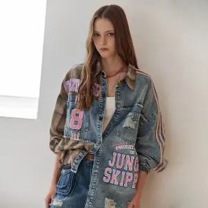 [MAXZA] 레터링 프린트 체크 블록 데님 셔츠