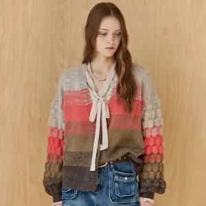 [MAXZA] 컬러 블록 벌룬 슬리브 브이넥 가디건