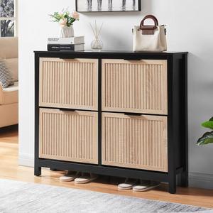 HUSHEDIFI 4 플립 서랍 신발 캐비닛 입구 수납공간, 좁은 숨겨진 나무 정리함 현관문 얇은 독립형 신발장 수납공간 (오크앤블랙)