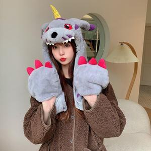 애니메이션 디지몬 모험 Gabumon 플러시 모자 스카프 장갑 다기능 온수 겨울 장식 커플 어른 크리스마스 선