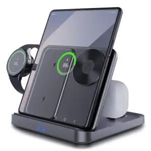 3in1 갤럭시 Z폴드7 6 5 4 3 고속 무선충전기 플립7 6 FE S25 아이폰16 15 워치8 7 버즈 워치 호환 접이식 스탠드 거치대 25W 파워팩