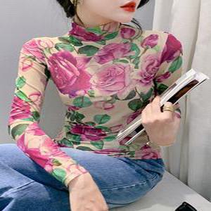 여성 스포츠 플라워 댄스상의 라인 연습복 긴팔 꽃무늬