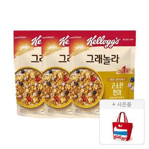 켈로그 고소한큐브 현미 그래놀라 500g, 3개+증정(리유저블백 빨강, 1개)