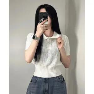 여성 시스루 그물 반팔 니트 티 2color 카라 티셔츠 단추 데일리 러블리 (WFJF9QH)