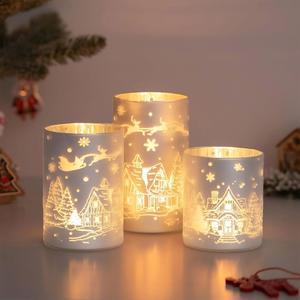 휴리 크리스마스 캔들 홀더 센터피스: 실버 스노우 하우스 사슴 장식 허리케인 유리 기둥 세트 맨틀 벽난로 식당용 장식용 스탠드 3개