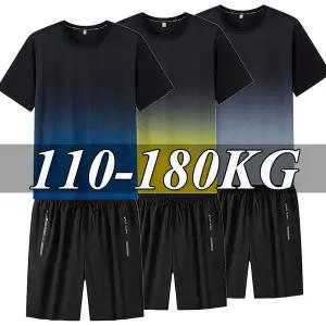 빅사이즈 남자  1개/2개 여름 남성용 속건 티셔츠 반바지 플러스 사이즈 반팔 스포츠 세트 캐주얼 셔츠 밴