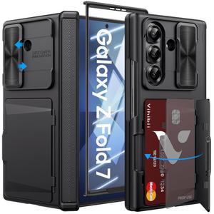 갤럭시 Z 폴드 7 케이스, 카드 홀더 및 슬라이드 카메라 커버, 외부 화면 보호기 견고한 힌지 보호, 2025용 헤비 듀티 지갑 휴대폰 블랙