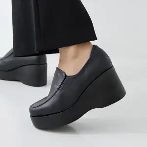 천연소가죽 마리나 통굽 웨지힐 슬립온 7.5cm