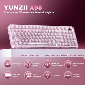 YUNZII X98 핑크 QMK/VIA 무선 투명 RGB 키보드 핫스왑 가스켓 기계식 게임용 키보드 사전 윤활된 손잡이