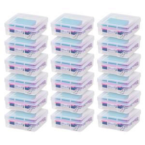 IRIS USA 필통 플라스틱 파우치 상자 비즈, 펜, 미술 용품 보관 정리함, 18팩, 주얼리용 스냅 뚜껑이 있는 쌓을 수 용기, 스티커, 태클 박스, 투명, 소형