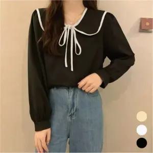 여성 세일러카라 배색 리본 블라우스 셔츠 긴팔 오피스룩