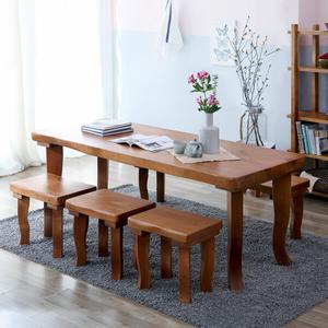 해찬솔 통원목 비담 6인용 식탁세트D 2000 (긴의자+스툴의자3개)/통원목다리/벤치.스툴포함/원목식탁