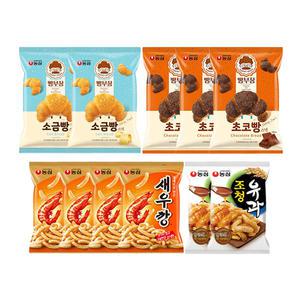 농심 새우깡 90g, 4개 + 조청유과 96g, 2개 + 빵부장 소금빵 55g, 2개 + 빵부장 초코빵 55g, 3개
