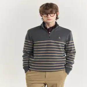 헤지스 남성 24FW [스테디셀러] 차콜그레이 스트라이프 면 긴팔반집업티셔츠 WHTS4D534CG