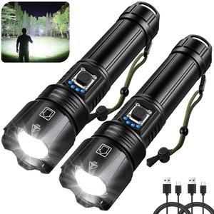 충전식 고광도 손전등, 99000 루멘 초밝은 손전등 2팩, 5가지 모드의 고출력 LED 가정용 캠핑용 방수 휴대용 IPX6