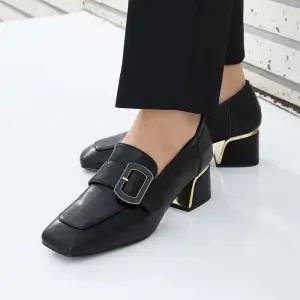 소가죽 레이라 스퀘어토 미들 로퍼 힐 5cm