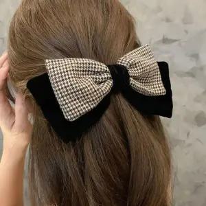 [콩심팥심]하운드 체크 벨벳 리본장식 자동 헤어핀 묶음머리 왕리본핀