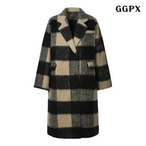 카라넥 더블 버튼 체크 패턴  롱 코트 (GODJH006D)