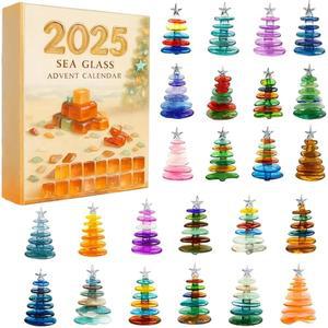 다채로운 바다 유리 크리스마스 트리 어드벤트 캘린더 2025, 해변 애호가와 가족을 위한 24일간의 수공예 바다에서 영감을 받은 독특한 테마의 장식품 카운트다운 홀리데이 데코 선물