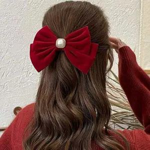 여자 크리스마스 겨울 러블리 진주 벨벳 리본 핀 머리핀디자인