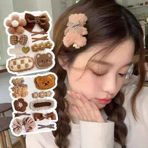 귀여운 겨울 헤어핀 세트 베이지 포인트핀 집게핀 곰돌이핀