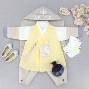 보드레 색동 노랑배자 베이지바지 - 국산 남아한복 유아 백일 돌복 아동한복