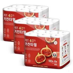 한예지 천연펄프  4겹 셰프 기친타올 100매  6롤  3팩