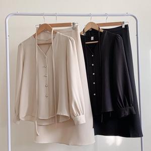 [샵앤] 여성 하객룩 오피스 정장 블라우스 롱스커트 상하세트 SIU-WSET-4107