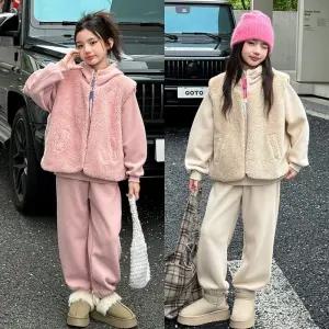 여아 주니어 양털파스텔 후드 기모 조끼 겨울 3종 상하세트