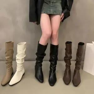 여성 3.5cm 225-260mm 셔링 가죽 가을 겨울 미들 롱 부츠
