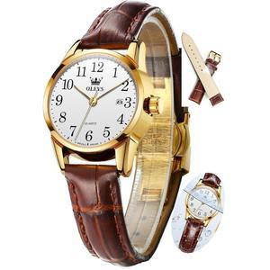 OLEVS 여성용 가죽 시계, 브라운 밴드 방수 아날로그 고급 손목시계, 아랍 숫자 흰색/파란색/검정색