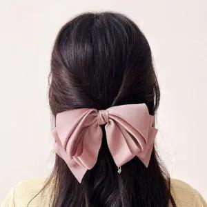 [콩심팥심]쉬폰 리본 큐빅 자동핀 베이지 헤어 긴머리 오토매틱