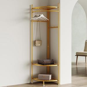 HAZHEYE 코너 코트 랙, 4개의 후크와 수납 선반이 있는 의류 현관, 침실, 거실을 위한 스탠드 골드 랙 홀 트리