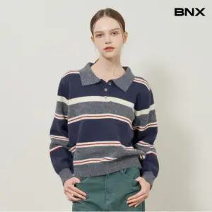 스트라이프 버튼업 카라넥 니트 (BX4KP014L0)