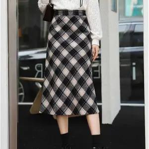 [에이치플러스몰]여자 겨울 출근 룩 미디 H라인 롱 스커트 체크 치마 여성옷쇼핑몰