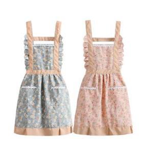 예쁜 플라워 패턴 프릴 주름 앞치마 주방 주부 린넨 방수 코팅 양옆 포켓 주머니