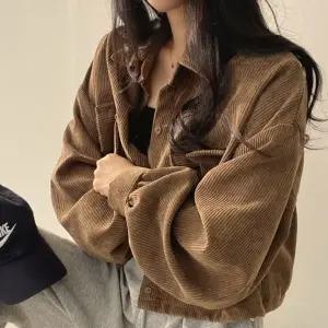 캐주얼 여성 코듀로이 크롭 스트링 셔츠 자켓 점퍼