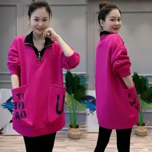 신상 캐주얼 만능 긴팔 후드 여자용 패셔너블 미디 길이 상의