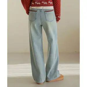 [프렌치시크] [밍크기모Ver.추가] 레드라인 이중포켓 와이드 데님 팬츠