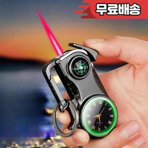 나침반 키 체인 팽창식 방풍 라이터 다기능 시계 병따개 빨간색 화염 부탄 가스 도구
