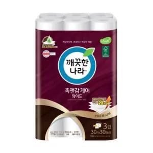 깨끗한나라)촉앤감 케어 와이드 화장지(30Mx30롤)3겹 휴지 두루마리 티슈 화장지 3겹