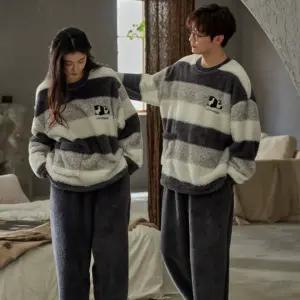 소곤 겨울 홈웨어 수면잠옷 커플 벨벳 라운드넥 파자마 세트 빅사이즈